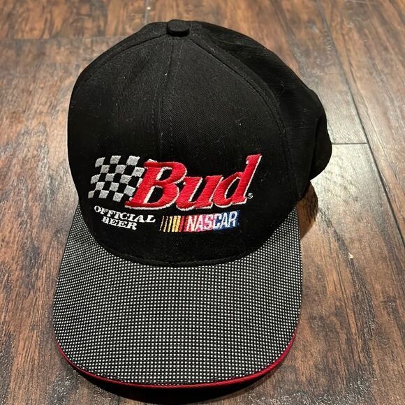 BUDWEISER - NASCAR Official Beer Sponsor Vtg 90s Black  BUD Dad Skate Hat Cap - Picture 1 of 9